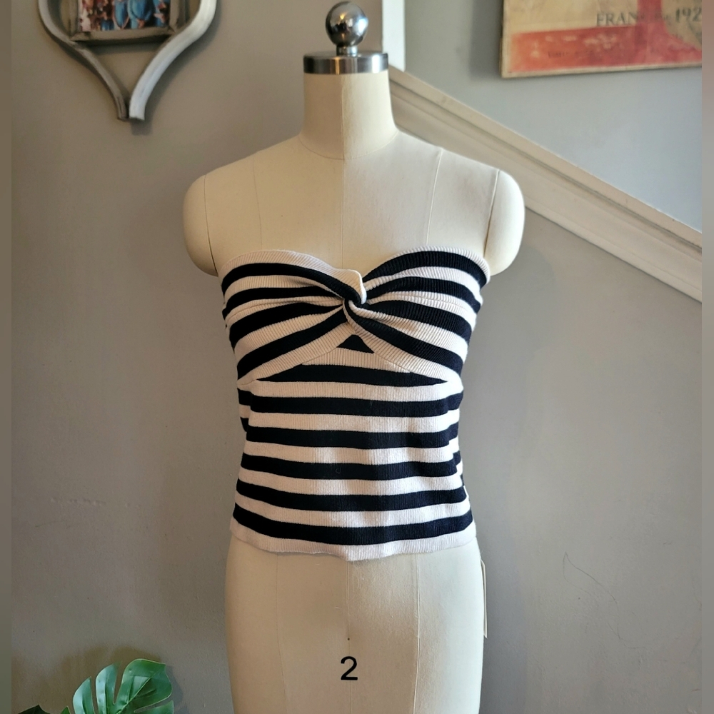 Efan Knit Tube Top Striped Black Beige Large NWT
